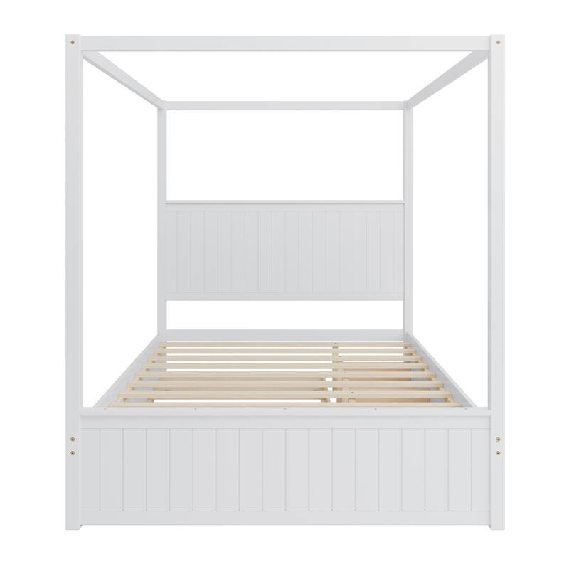 Queen Size Canopy Bed Platform Bed with Trundle Drawers Under-bed