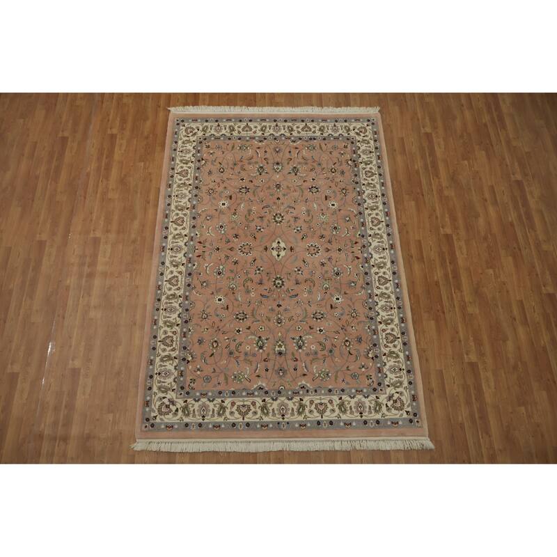 Hand Knotted Oriental 100% Wool Carpet Traditional All-Over Pink Kashan Area Rug - 8' 11'' X 6' 2''