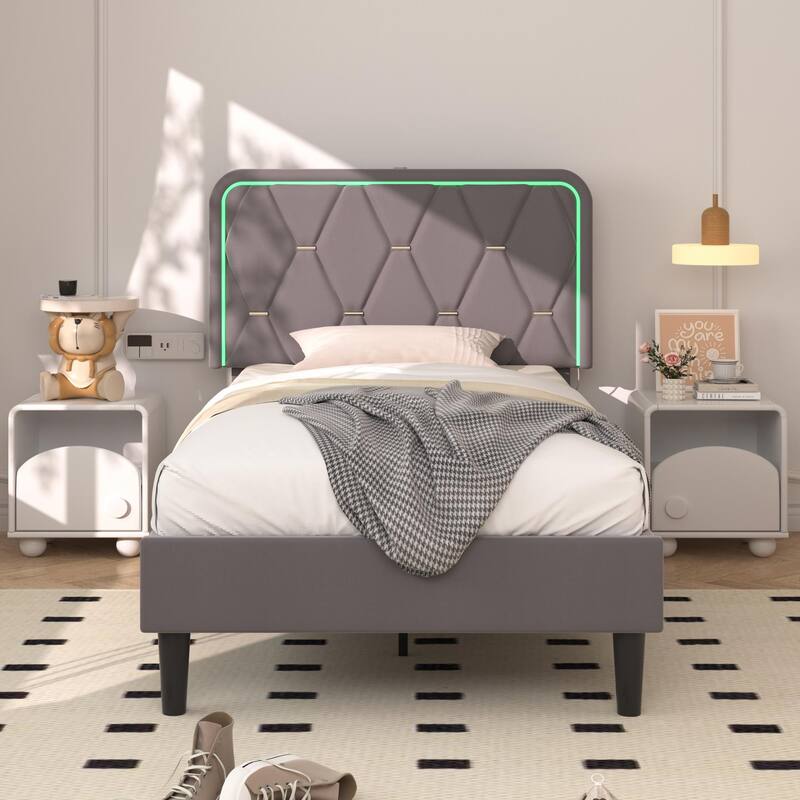 Bed Frame with LED Light and Charging Station, Upholstered Platform Bed with Adjustable Height Headboard, No Box Spring Needed - Grey - Twin