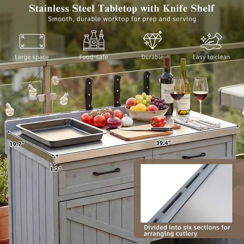 39.4" Outdoor Kitchen Island with Stainless Table Top, with One Large Drawer, Internal Storage Racks & 4 Wheels