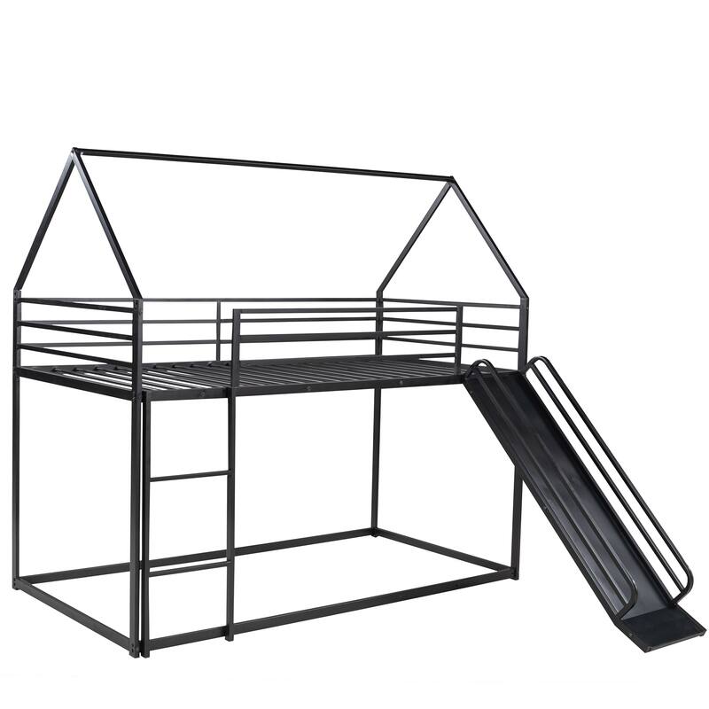 Twin over Twin House Bunk Bed with Ladder and Slide House Shaped Bunk Bed Frame with Lenght Guardrail, No Box Spring Needed