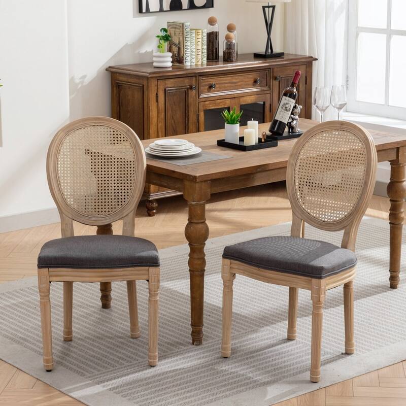 French Style Solid Wood Frame Antique Painting Linen Fabric Back Dining Chair