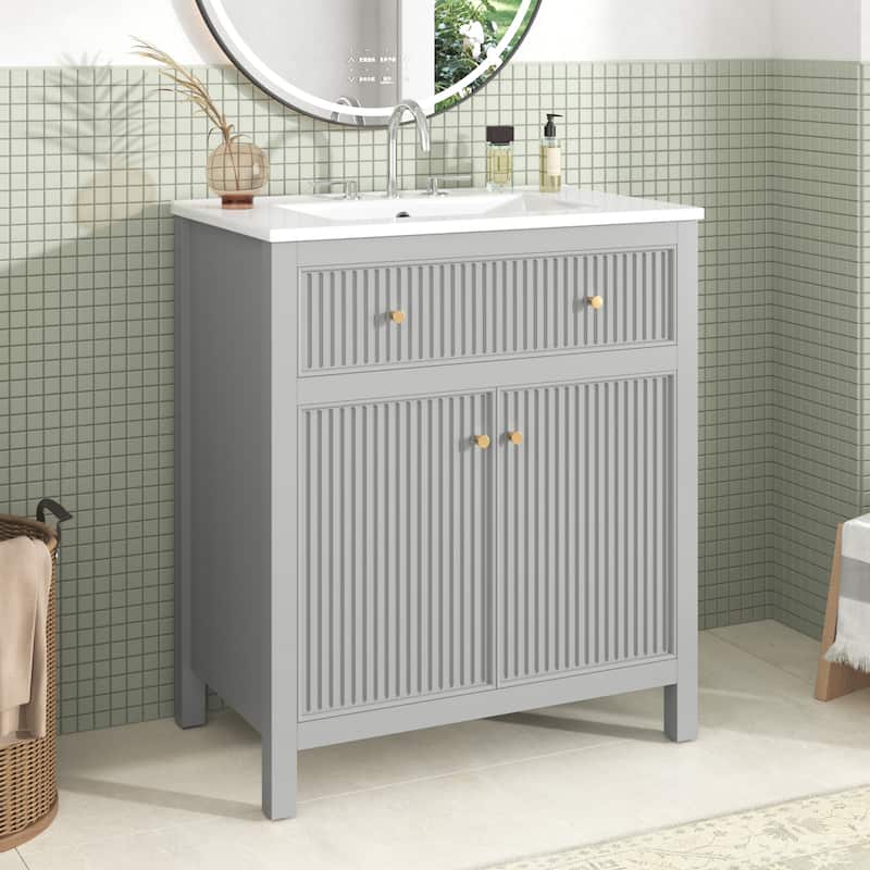 Freestanding Vertical Stripe Groove Storage Cabinet Grey Bathroom Vanity with Tip-out Drawer and Gold Metal Knobs
