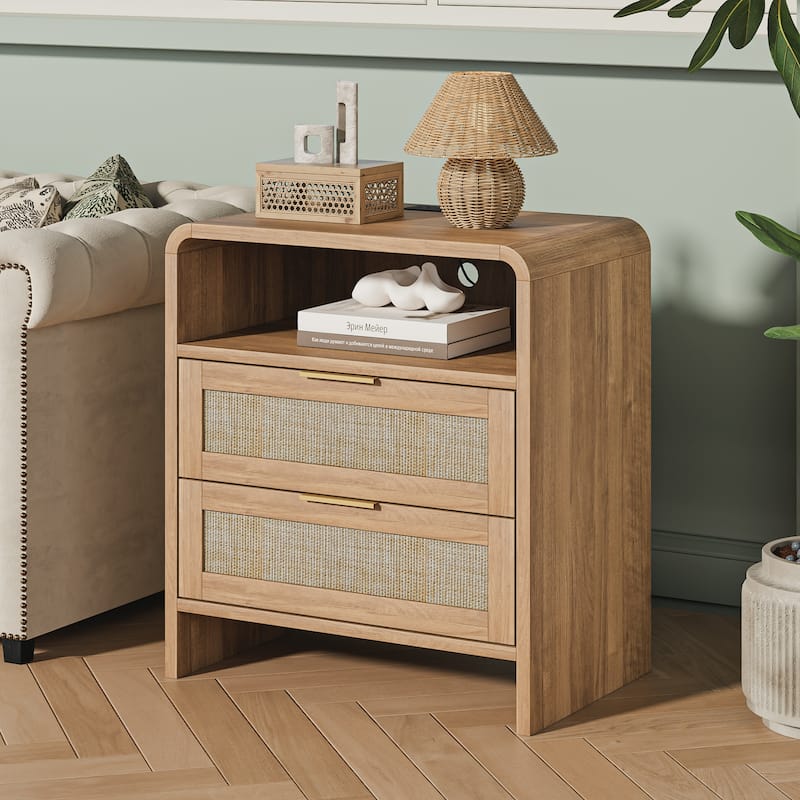 Rattan Nightstand with Charging Station Set of 2, 2 Drawers & Open Shelf, 22.8"Wide Curved Wooden Bedside Table