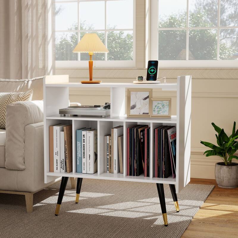 Retro Vinyl Stand with Charging Hub, Record Player Stand with Power Outlet and USB Ports