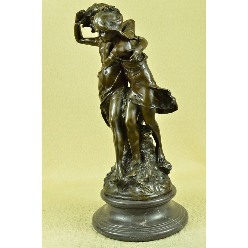 Signed Original Boy And Girl Walking Outdoor Bronze Sculpture Marble Base Statue