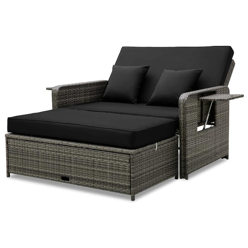 Gymax Rattan Daybed Wicker Loveseat Sofa Set w/ Ottoman & Retractable - Black