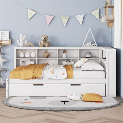 Wooden DayBed with Twin Trundle,Storage Shelf and USB Charging Ports