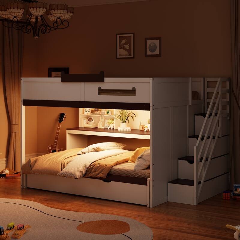 Full Over Full Bunk Bed with Twin Trundle, Staircase, Shelves & LED Lighting