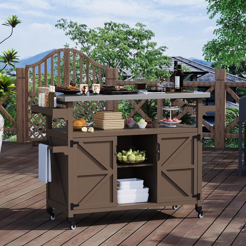 Outdoor Prep Table Grill Cart with Storage Cabinet for Patio BBQ - Brown