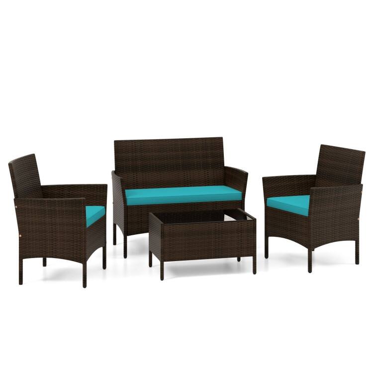 4 Piece Outdoor Rattan Patio Set with Cushions and Glass Table - 39.5" x 22.5" x 32" - Turquoise - Mix Brow