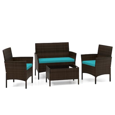 4 Piece Outdoor Rattan Patio Set with Cushions and Glass Table - 39.5" x 22.5" x 32"