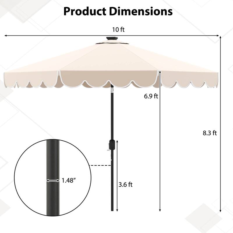 Costway 10 FT Solar Patio Umbrella with 24 LED Lights 8 Ribs & Tilt