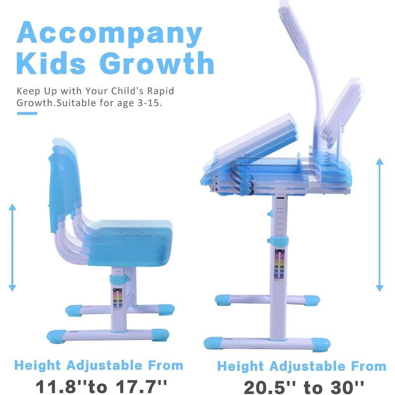 Adjustable Kids Desk and Chair Set with Tilt Desktop LED Lamp Storage Accessories Ergonomic Study - 15.0" x 15.0" x 21.3"-30"