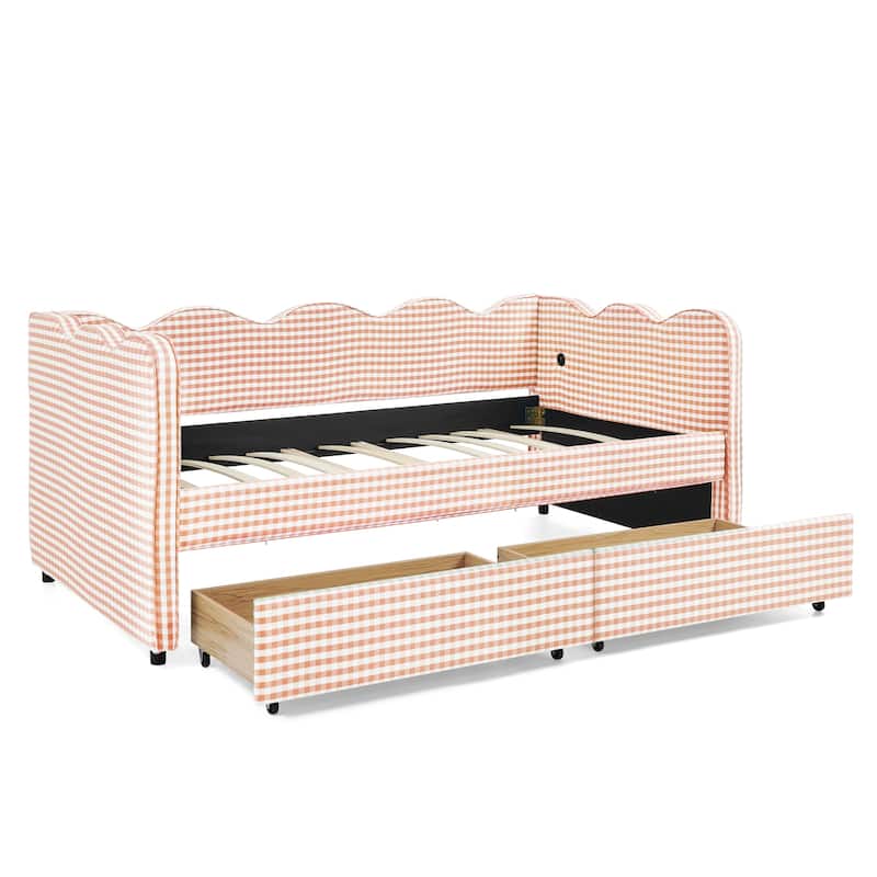Twin Size Gingham Linen Upholstered Daybed with 2 Storage Drawers, USB Charging Station & Waved Arms