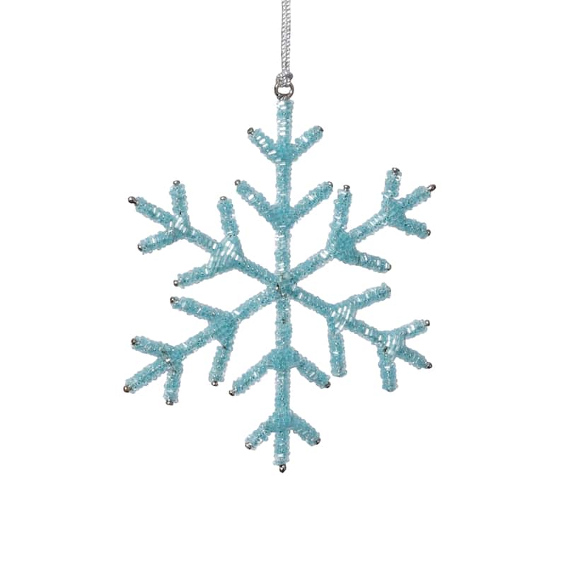 Beaded Snowflake Christmas Hanging Décor Ornaments, Set of 12, 6" - Blue