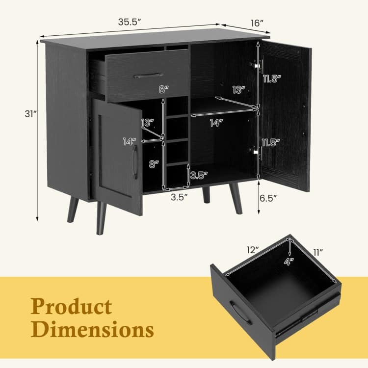 Buffet Sideboard with 6-Bottle Wine Rack Drawer and Adjustable Shelves - 35.5"x 16"x 31"(L x W x H)