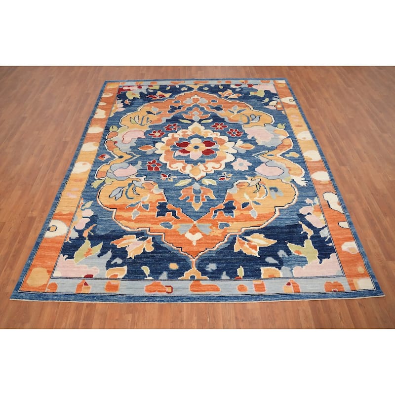 Hand Knotted Oriental 100% Wool Carpet Transitional Floral Navy Blue & Blues Oushak Area Rug - 9' 10'' X 8' 3''