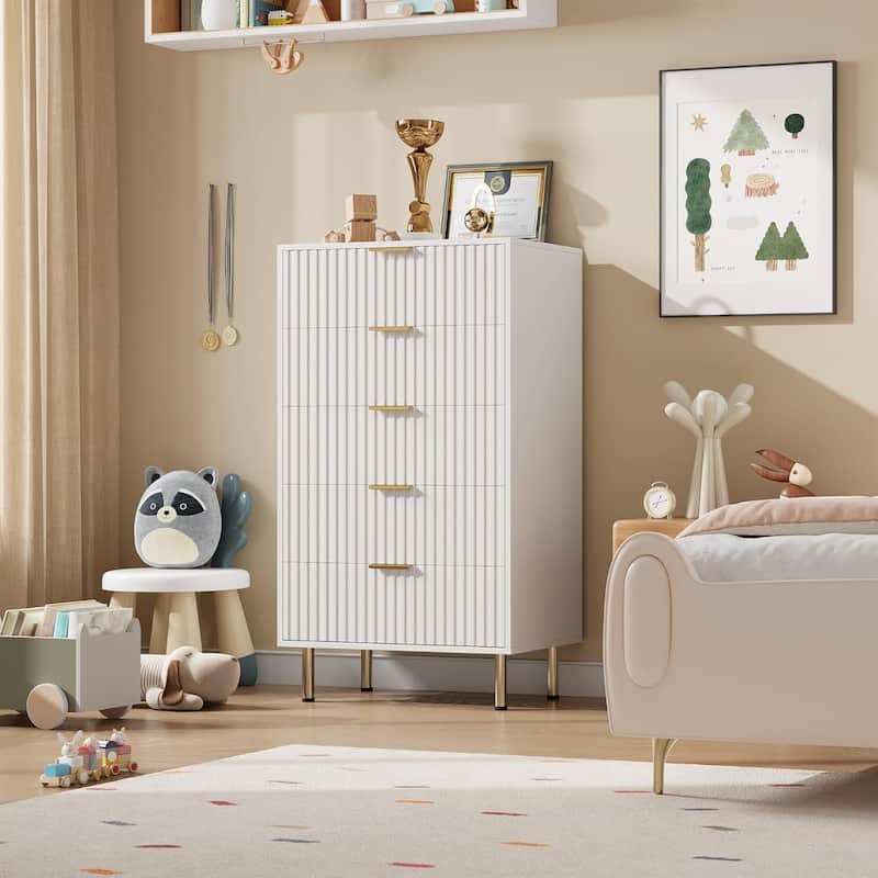 Fluted 5 Drawer Storage Dresser, Tall Chest with Deep Drawers and Wide Top, Wooden Organizer for Living Room