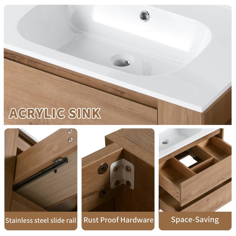 Modland 30" Wall-Mount Vanity with Gel Sink & Soft-Close Drawers - Adjustable Shelf, Brown/Imitative Oak - 30 Inch