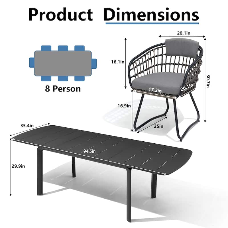 7/9PC Outdoor Aluminum Expandable Patio Dining Sets Extension Table with Rattan Chair