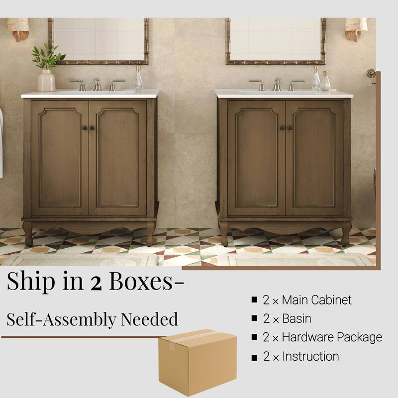 30-Inch Vintage Bathroom Vanity, Rectangle Ceramic Sink, 2 Doors, Solid Wood Legs and Adjustable Shelves