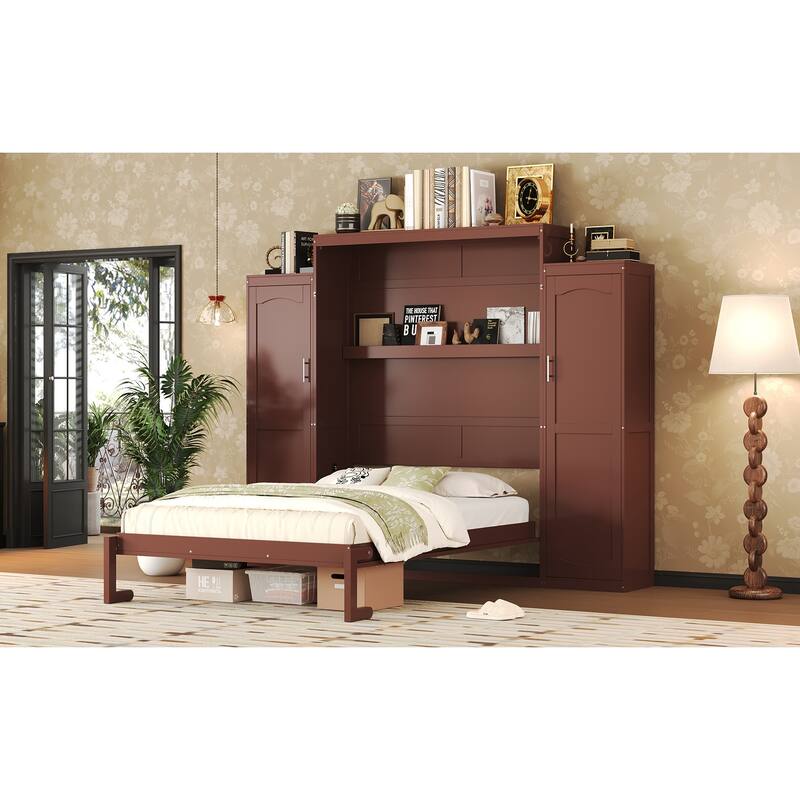 Queen Size Foldable Wall Bed with Wardrobes and Storage Shelf, Multifunctional Space-Saving Platform Bedframe in Walnut Finish