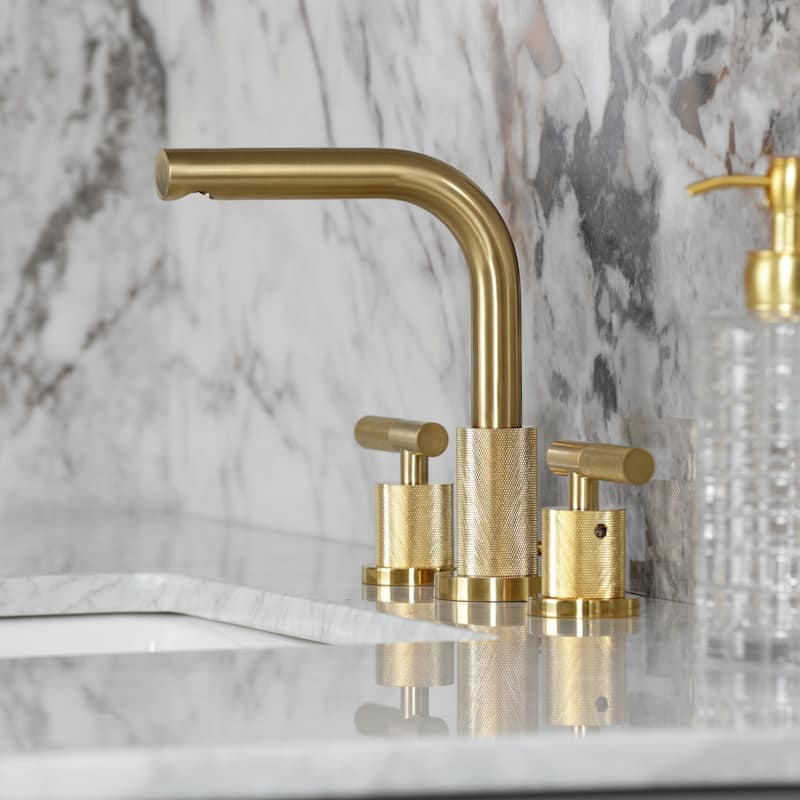 Kingston Brass Convergent Two-Handle 3-Hole Deck Mount Widespread Bathroom Faucet with Knurled Handle and Brass Pop-Up Drain