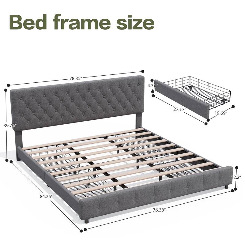 Linen Upholstered Headboard Bed Frame with Large Hidden Storage, 4 Underbed Drawers with Pulleys