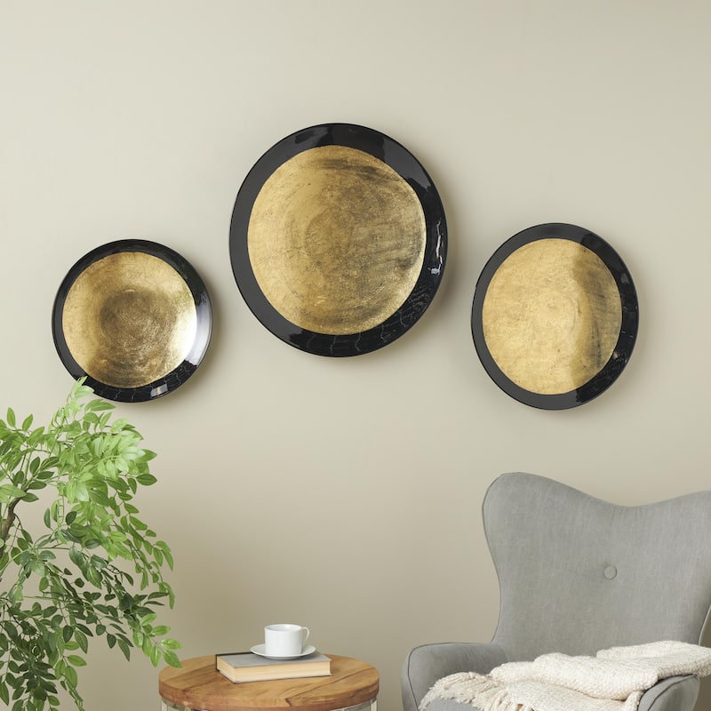 Metal Abstract 3D Circular Disk Home Wall Decor - Set of 3 Gold, Dark Blue, White - Roche River Decor