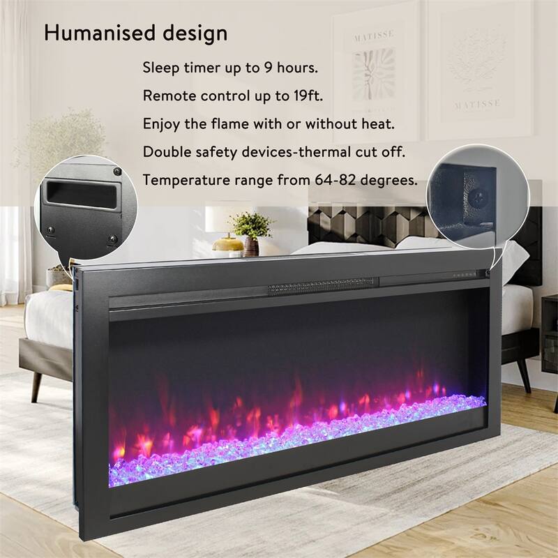 44" Wall Recessed Electric Fireplace with Remote and Multi Color Flame