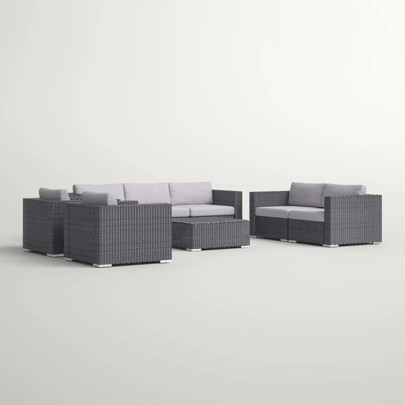 Roomfitters 7-Piece Outdoor Wicker Patio Sectional Set, Modular Rattan Sofa with Cushions & Coffee Table, Gray/Beige