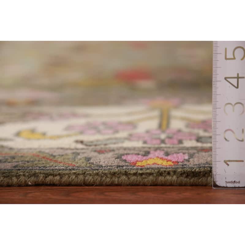 Hunting Animals Green Ziegler Indian Area Rug Handmade Wool Carpet - 9'1"x 11'11"