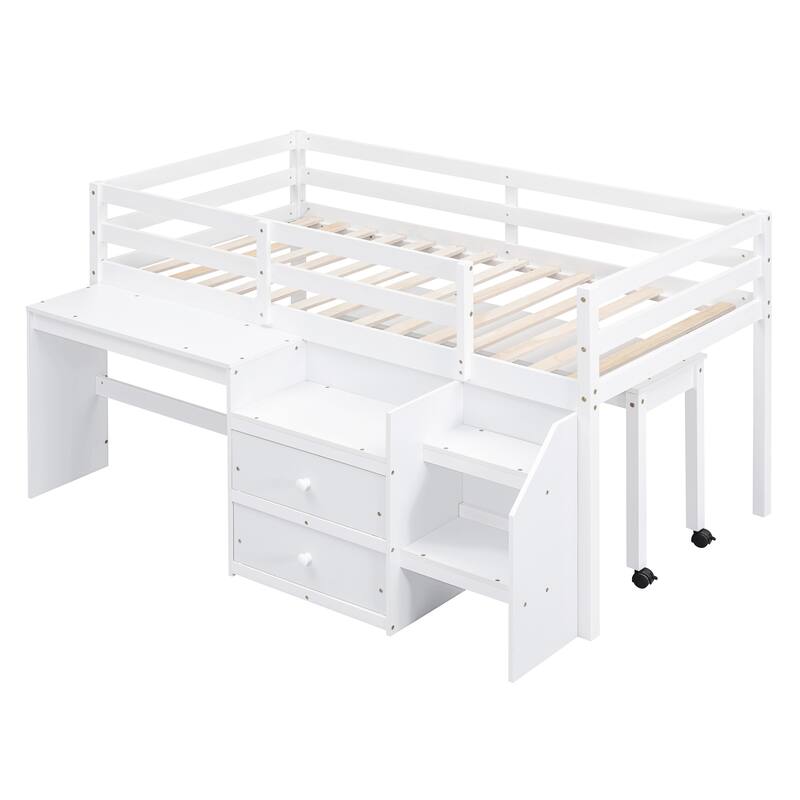 Loft Bed with Desk & Drawers, Wooden Loft Bed with Lateral Portable