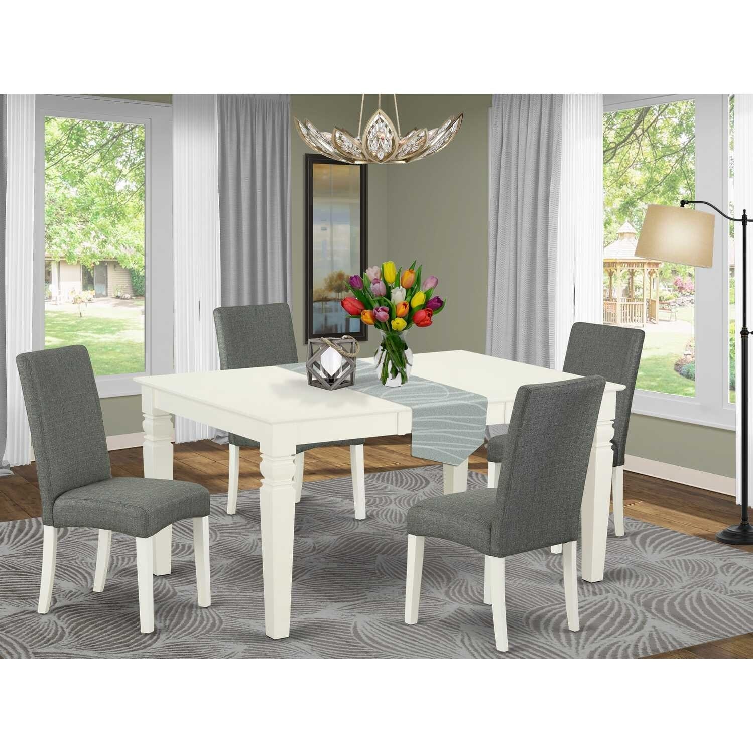 Kitchen Table Set 5pc Rectangle Table w/ Leaf & 4 Chairs - Linen White Legs, Gray Fabric - Linen White, Gray