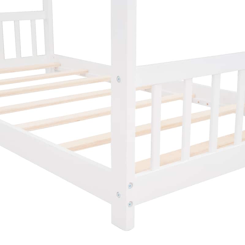 Twin Size House Bed with Roof, Wood Frame, and Play Space