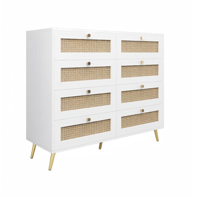 8 Drawer Rattan Double Dresser, Wide Wooden Storage Organizer, Clothes Storage Cabinet with Angled Legs and Golden Handles