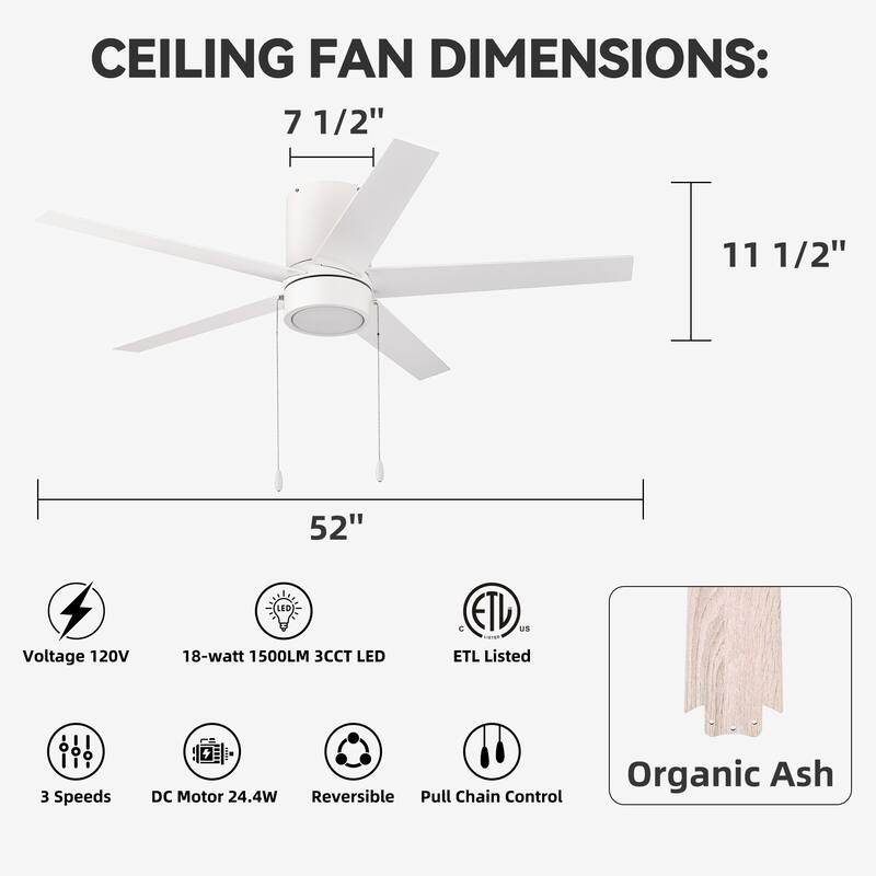 52 in. Indoor Flush Mount Ceiling Fan with 5 Blades & 18W 3CCT LED - 3 Finish Options, Pull Chain Control