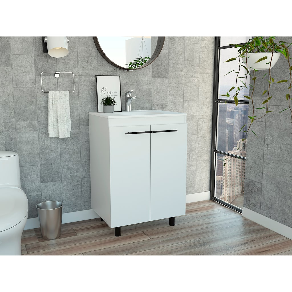 Freestanding Vanity Cabinet with Two Doors, 34" High, Includes Drop-In Sink, Rectangular Design - 18.1in L Particle Board
