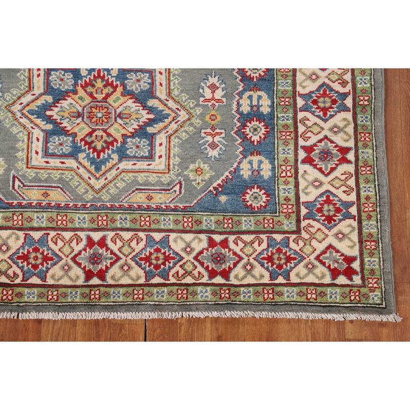 Geometric Kazak Rug Hand-Knotted Grey Wool Carpet - 4'11" x 6'9"