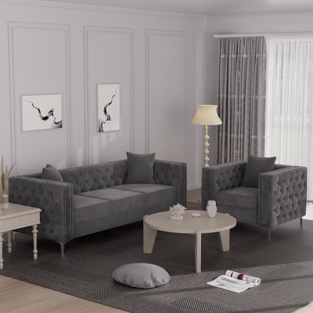 Morden Fort Modern 2 Pieces of Chair and Sofa Couch Set with Dutch Velvet Beige, Iron Legs