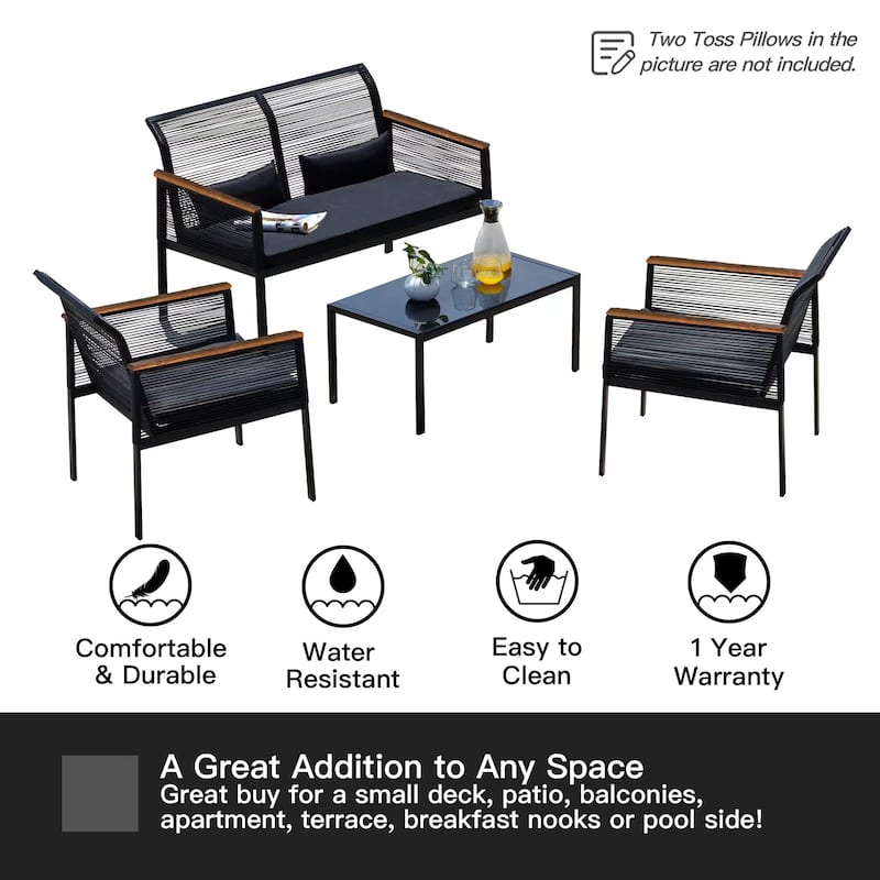 Patio Furniture Set - 4 Piece All Weather Wicker Patio Conversation Set Black Outdoor Sofa Set with Washable Cushions and Chairs