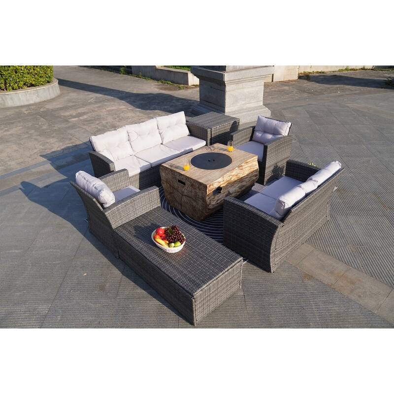 7-Piece Outdoor Wicker Conversation Sofa Set with Fire Pit