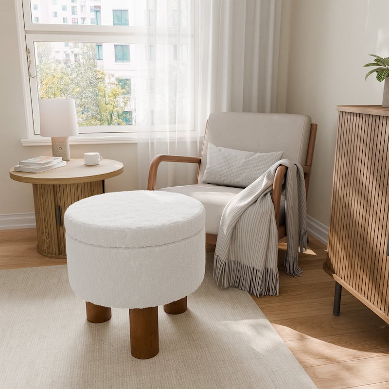 18.9" Round Upholstered Boucle Storage Ottoman - White