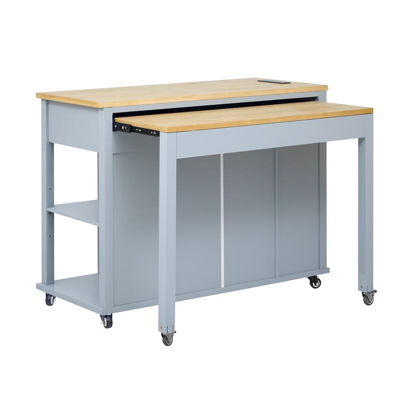 Kitchen Island with Extendable Dining Table,Rubber Wood Veneer Kitchen Table with Internal Storage Rack,Power Outlet - N/A