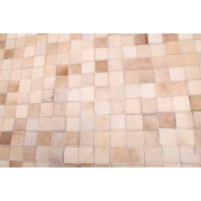 ECARPETGALLERY Handmade Cowhide Patchwork Beige, Tan Leather Rug - 7' x 7'