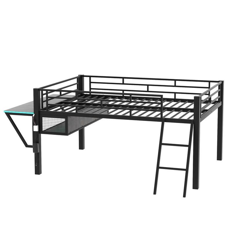 Twin/Full Size Gaming Mid Loft Bed with Gaming Desk and LED Lights, Low Metal Loft Bedframe with Ladder for Kids Teens