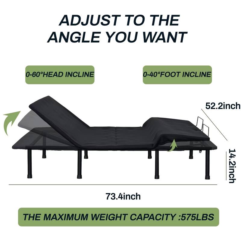 Motorized Adjustable Bed Base with Head and Foot Inclines, Full, Queen, Twin XL, Noise-Free, Quick Assembly