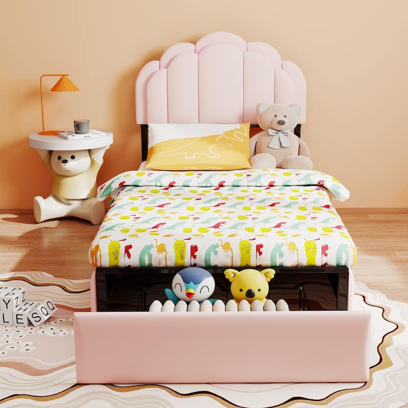 Velvet Upholstered Platform Bed with RGB LED Petal Headboard, Under Bed Storage Drawers Princess Bed Frame