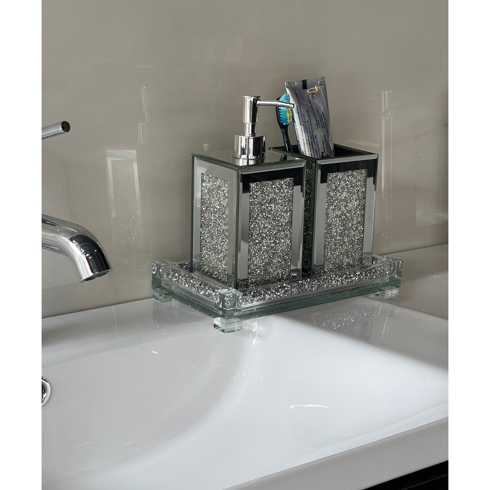 Bathroom Sink Accessories 3 Piece Set Toothbrush Holder Soap Dispenser Tray